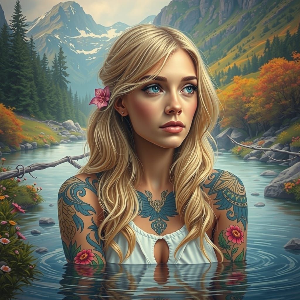 Whimsical Fantasy: Tattooed Woman Watches Reflection in Moun...