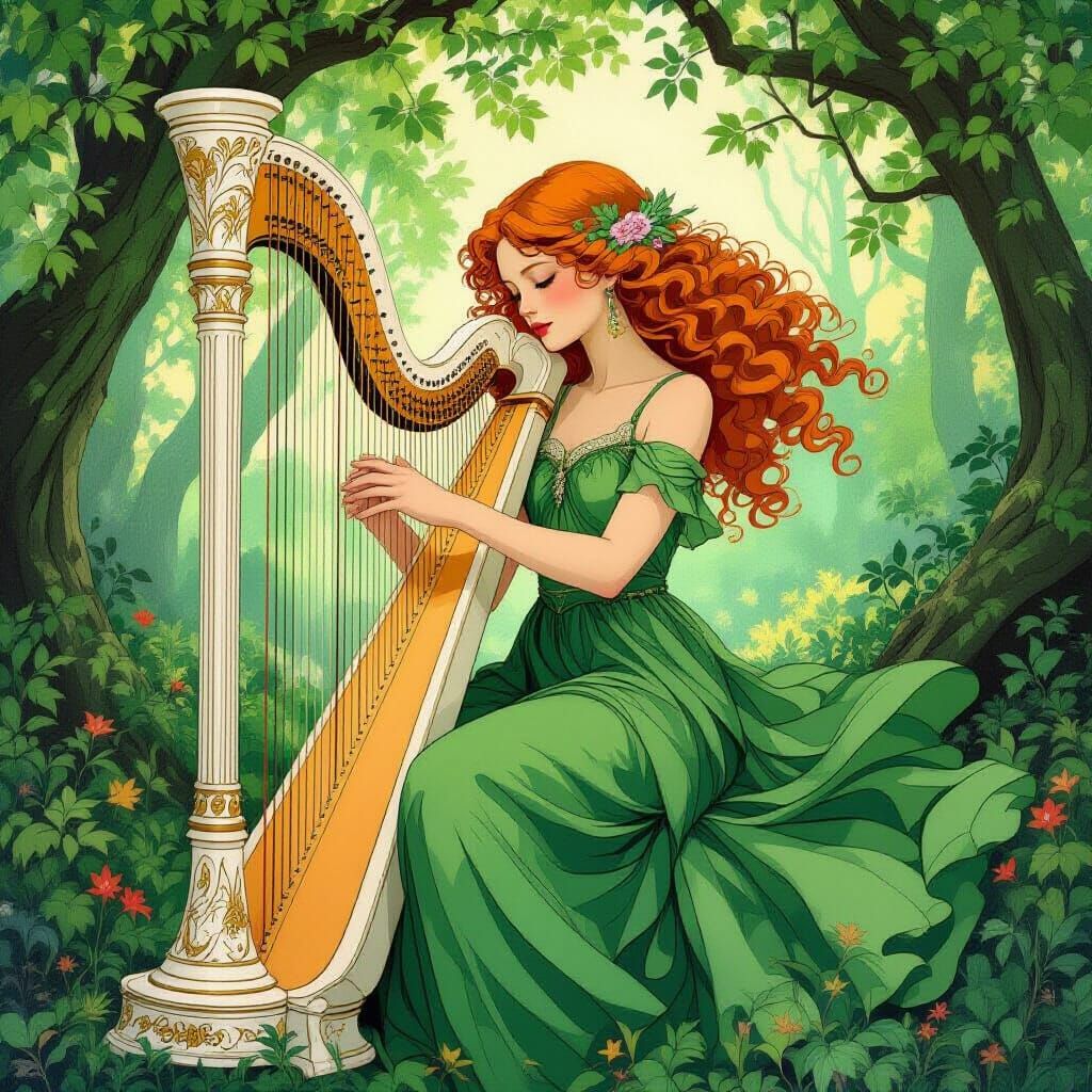 Red-Haired Harpist in Enchanted Forest, Art Nouveau Style