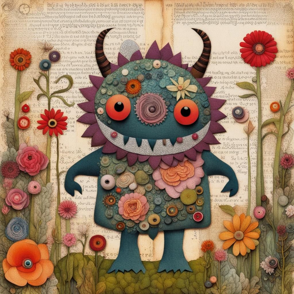 Cute Monster in Flower Garden Collage