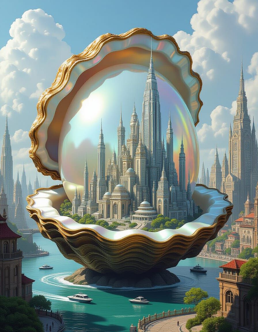 Pearl Cityscape: Hyperrealistic Digital Art