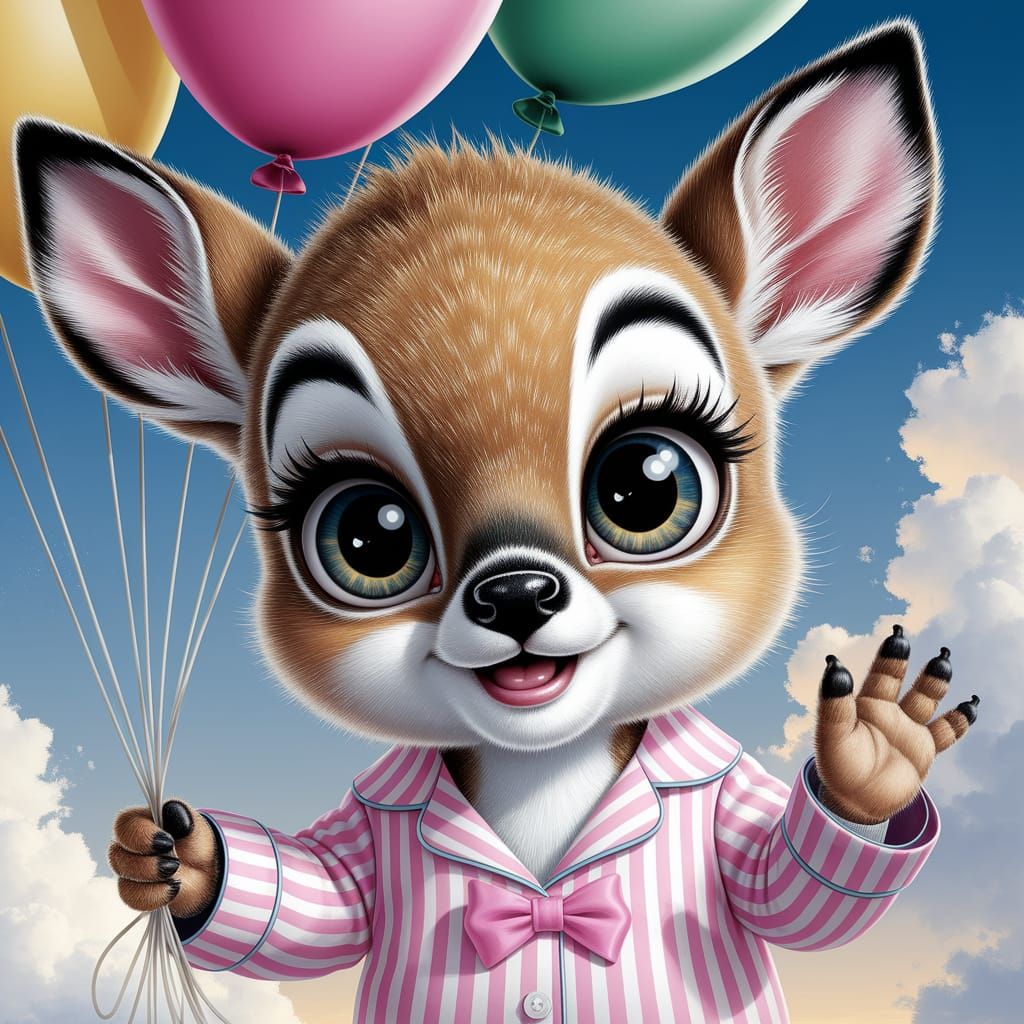 Floating Baby Deer with Balloons in Airbrush Style