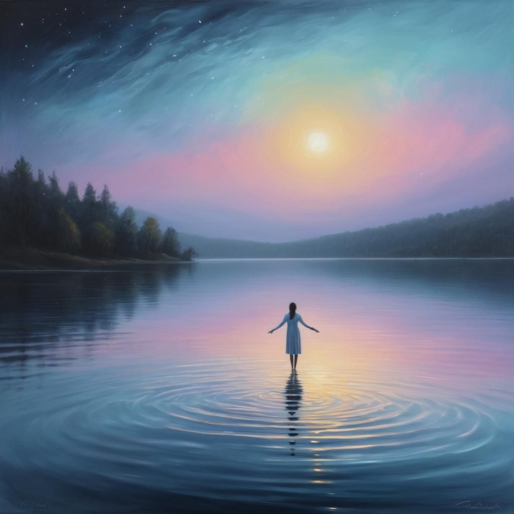 Lone Figure at Lake in Surrealist Oil Painting