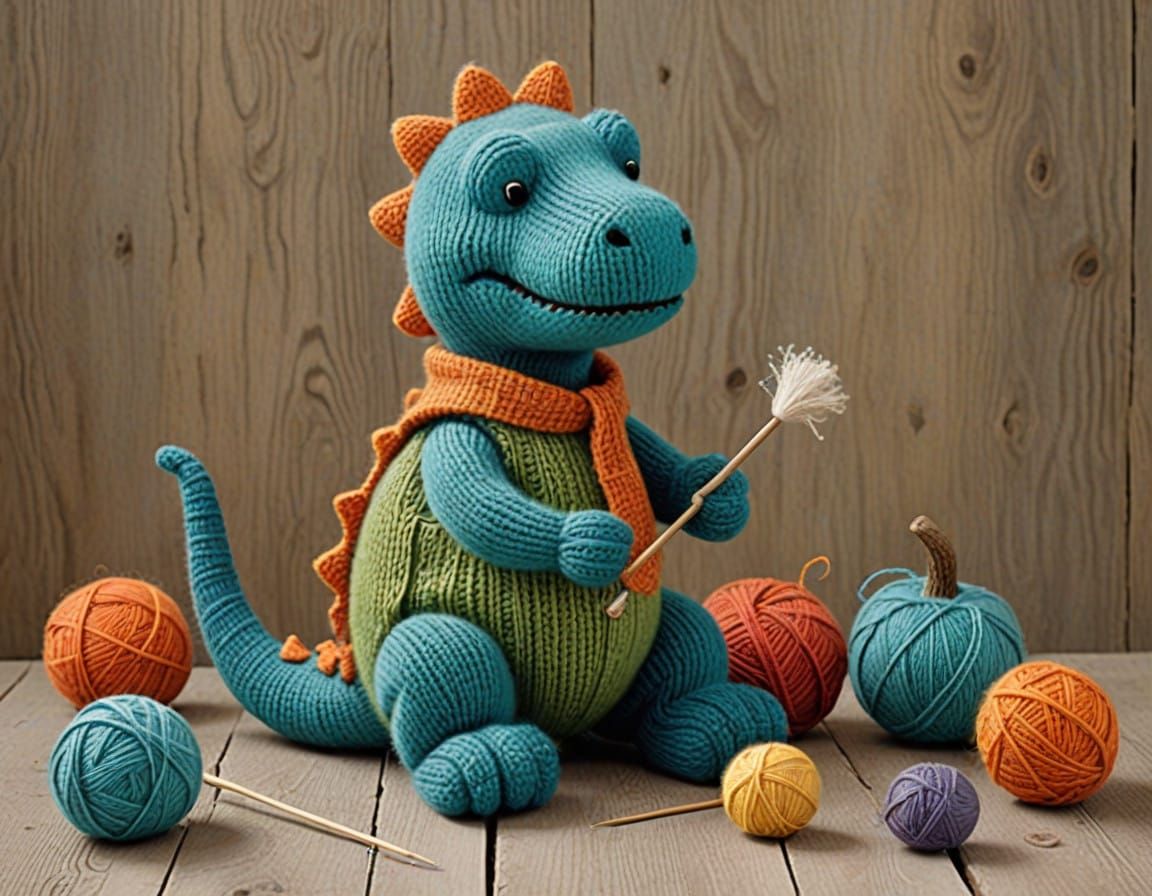 Whimsical Dinosaur Learns to Knit in a Playful Artistic Styl...