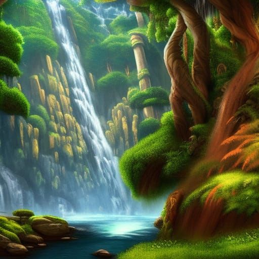 Lush Waterfall Fantasy Landscape in Detailed Matte Painting