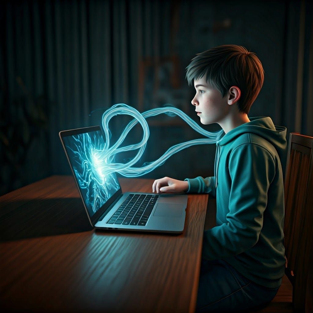 Teenager Immersed in Laptop: 3D Game Cinematic
