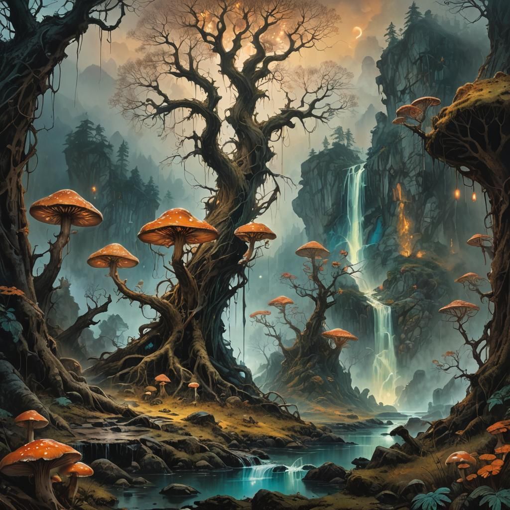 Fantasy Landscape with Glowing Mushrooms, Painterly Style