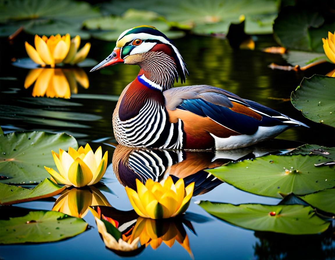 Mandarin Duck and Heron in Lotus Pond: Impressionist Gouache