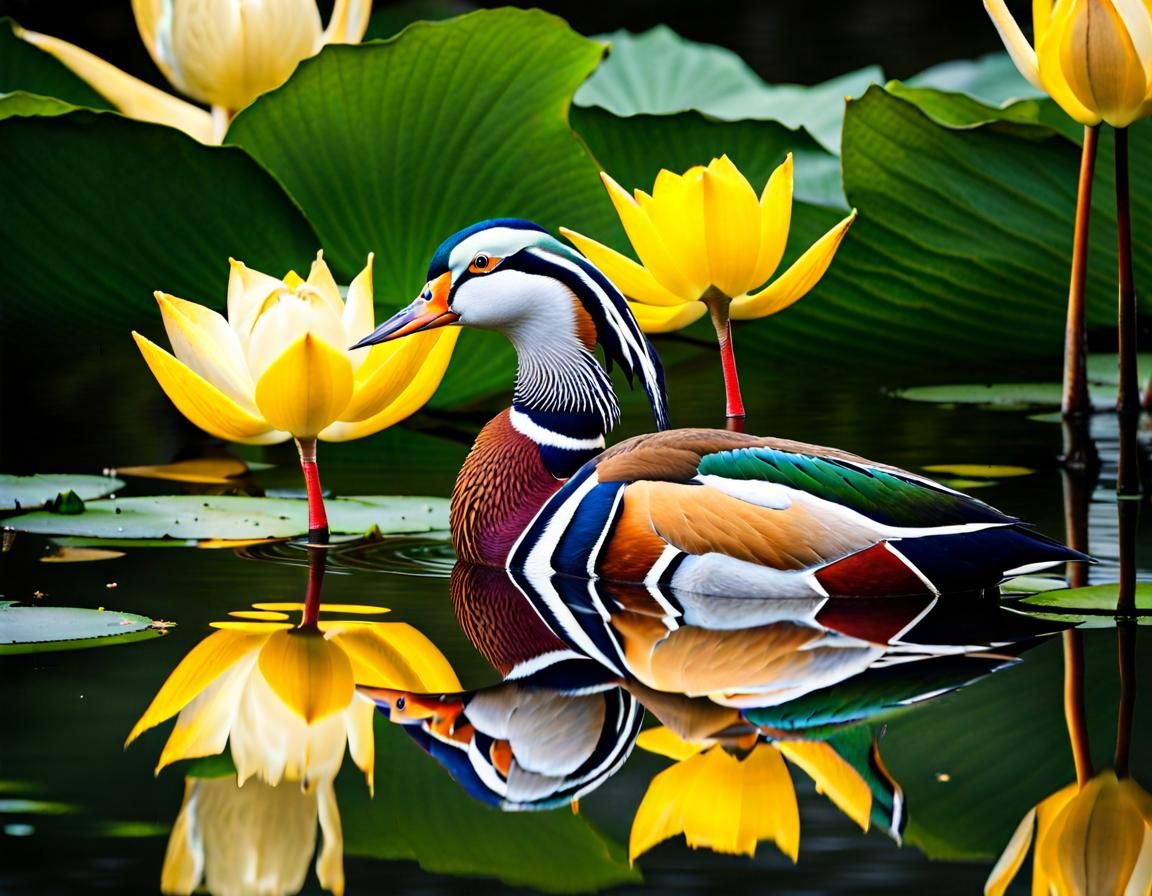 Mandarin Duck in Lotus Pond: Impressionist Gouache Masterpie...