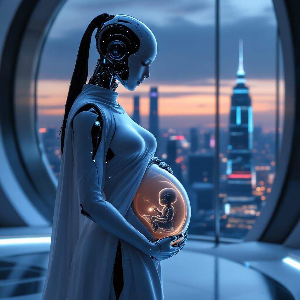 Robot Mother Contemplates Life in Futuristic Cityscape