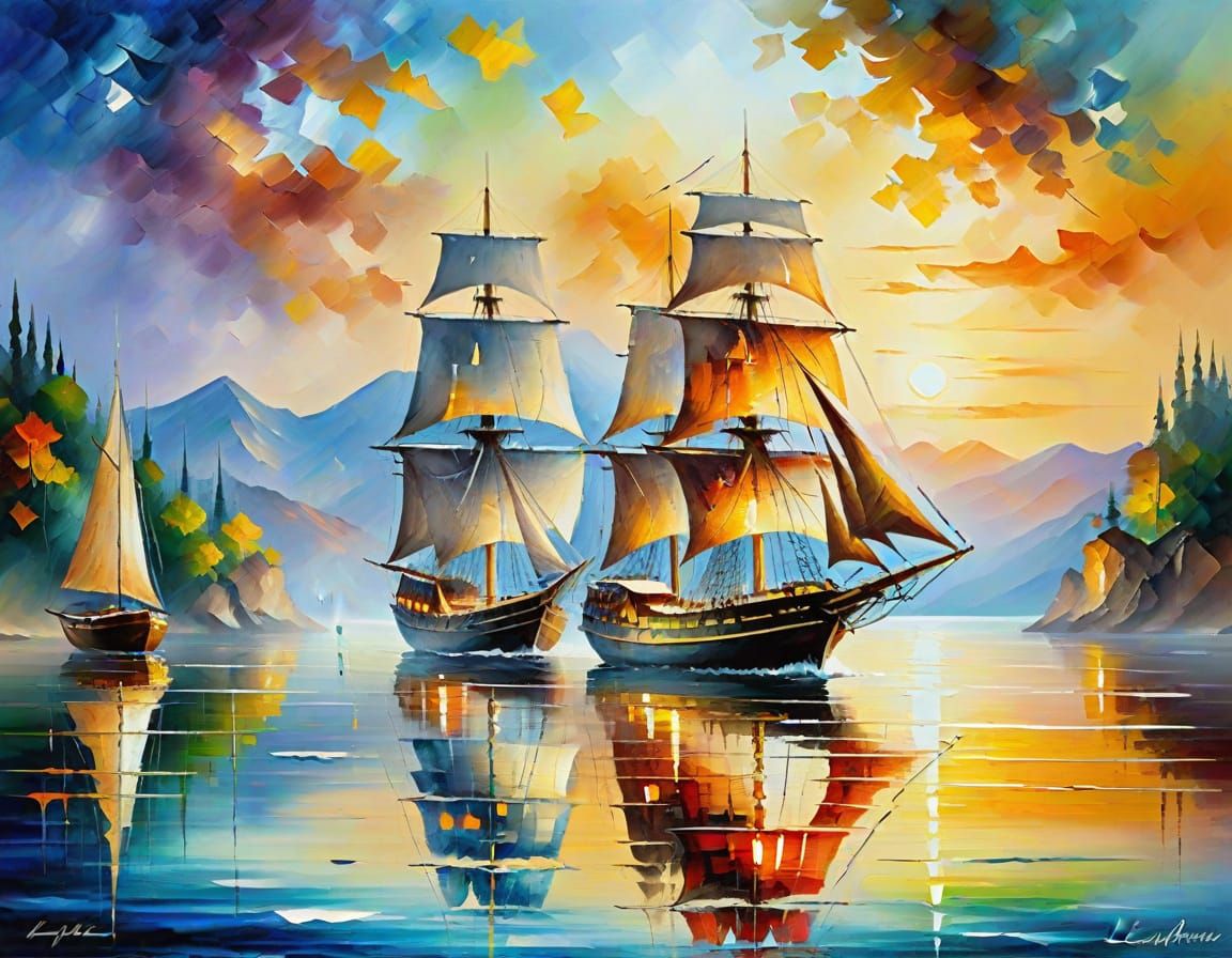 Sailing Ship in Golden Light: Impressionist Painting