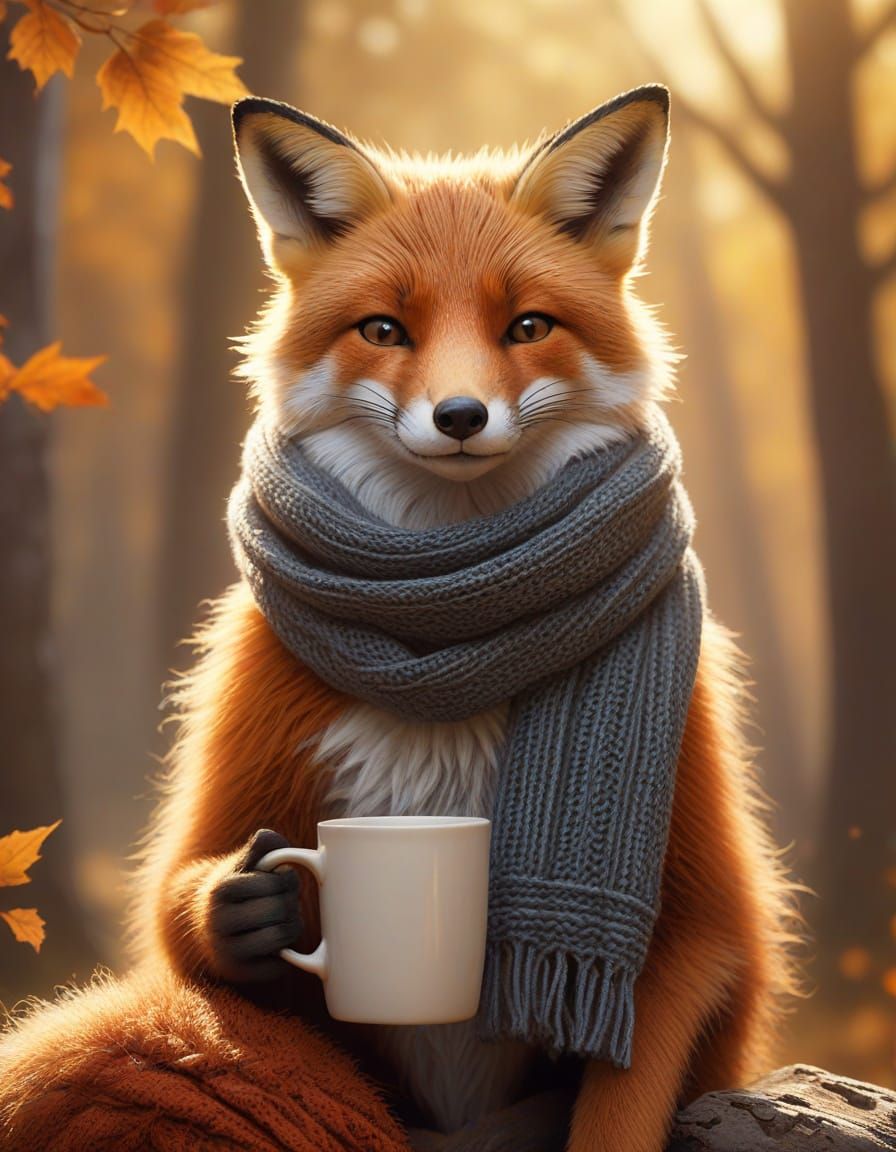 Relaxed Fox with Scarf and Mug in Autumn Forest