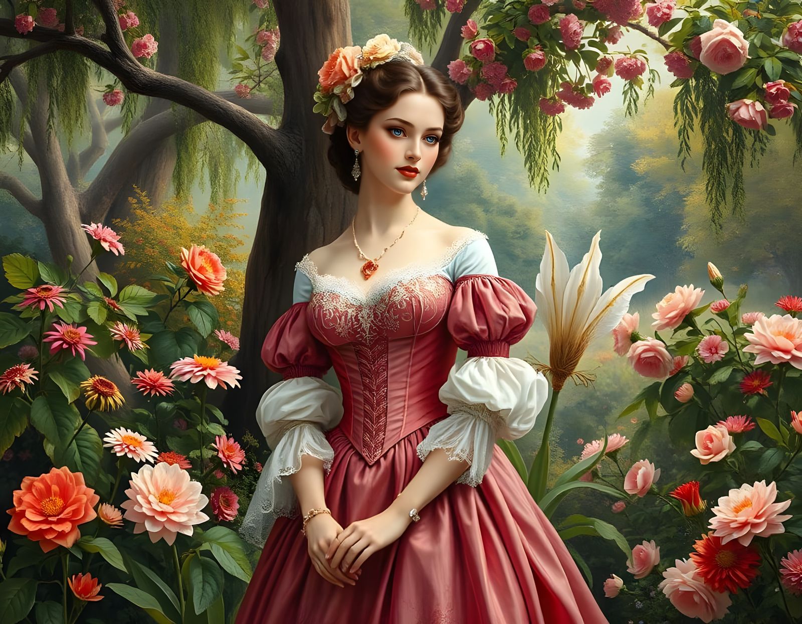 Victorian Woman in Lush Garden Oil Painting