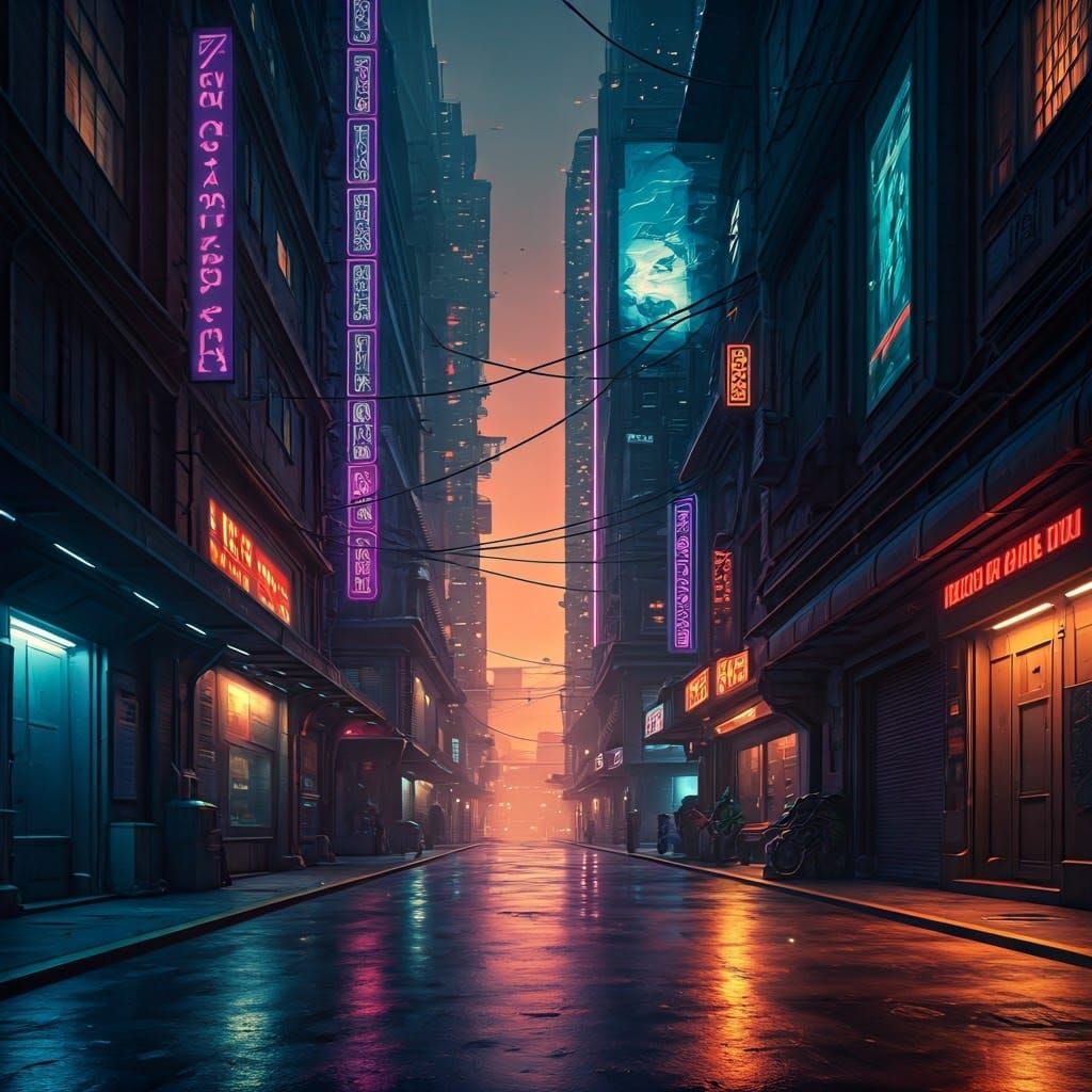 Neon Cityscape in Cyberpunk Style at Dusk