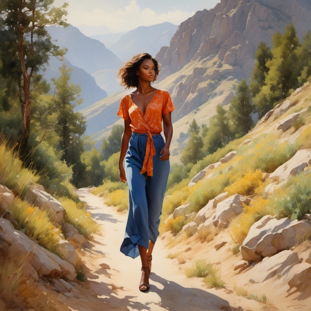 Woman Walks Mountain Road in Watercolor Style
