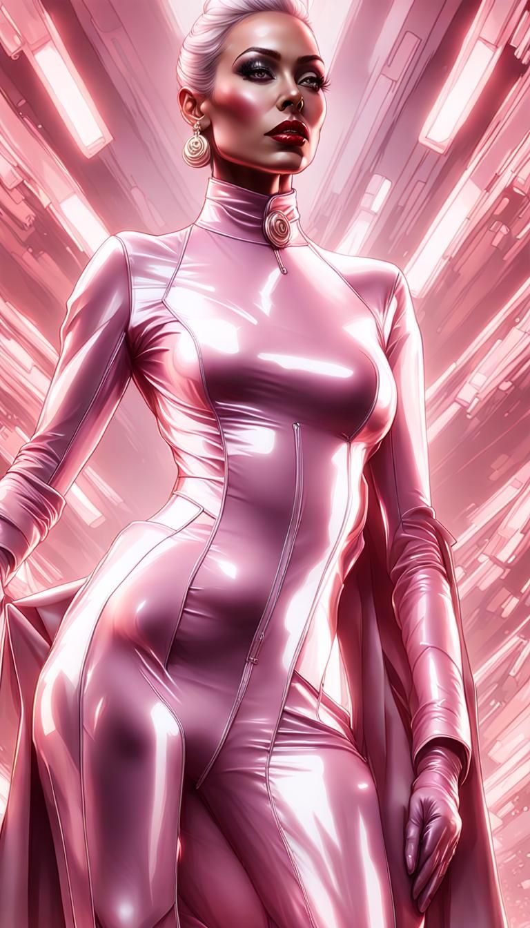 Woman in Pink Latex Catsuit, Hyperdetailed Portrait