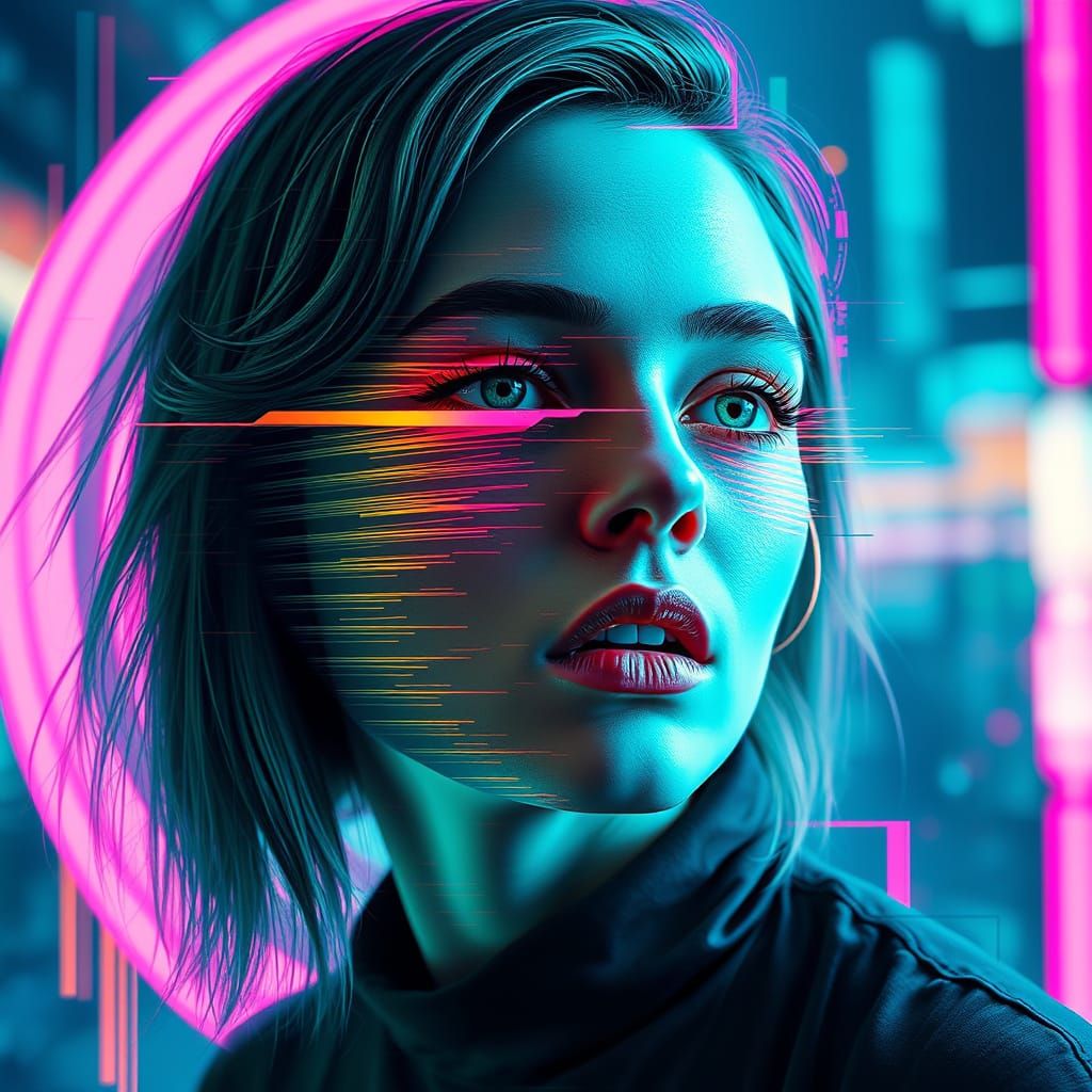Distorted Woman Portrait with Glitch Effects in Neon Style