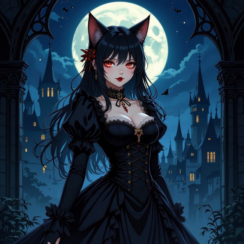 Anime Catgirl Vampire in Gothic Castle, Illustrative Style