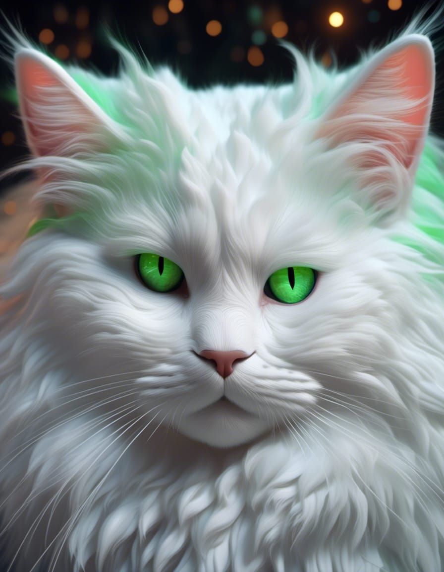 Shimmery White Cat with Green Eyes in Hyperrealistic Style