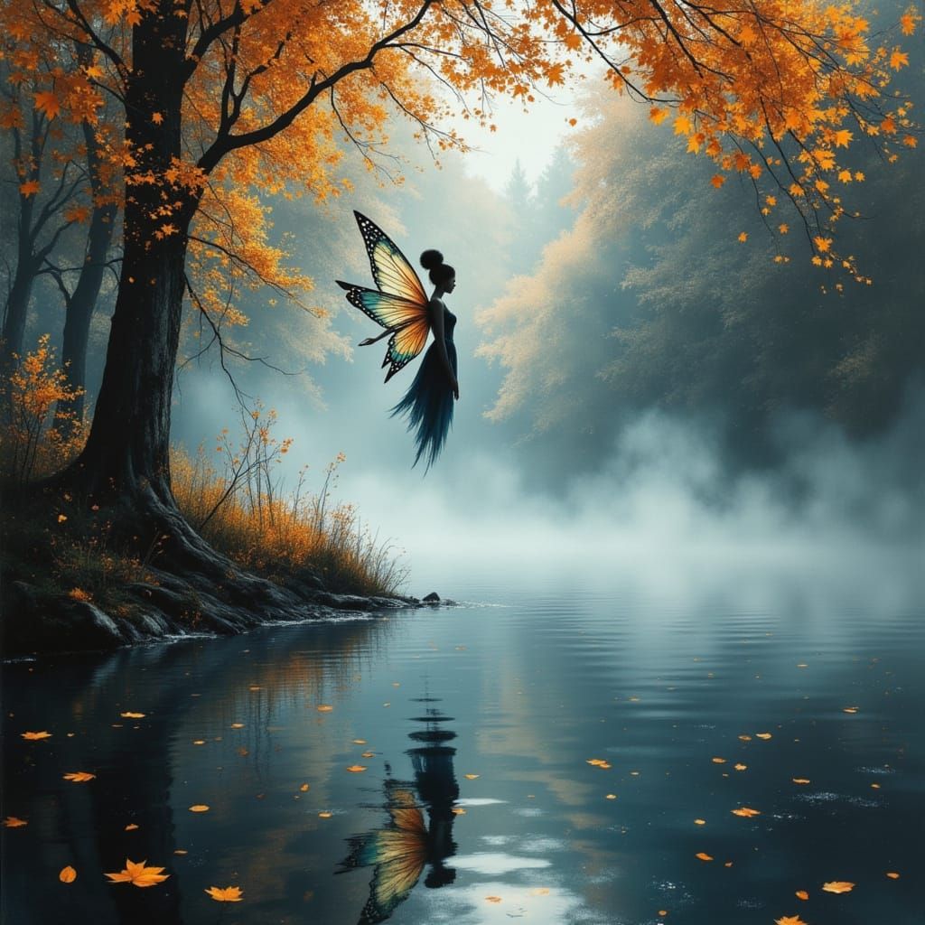 African Fairy Gliding Over Foggy Autumn Lake