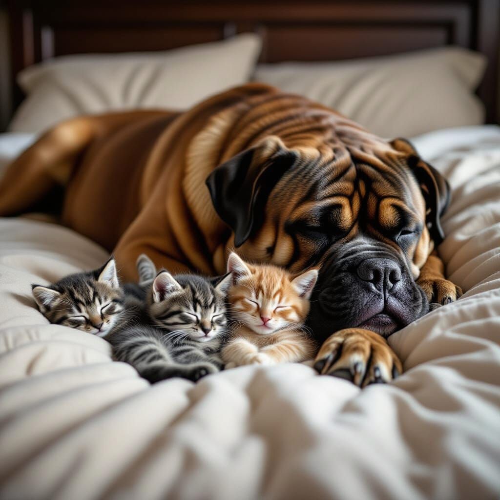 Kittens Nap on Bullmastiff: Cinematic Film Style