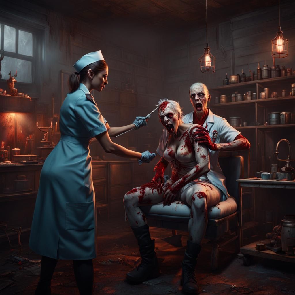 Naughty Nurse Gives Injection to Zombie: Detailed Digital Ar...