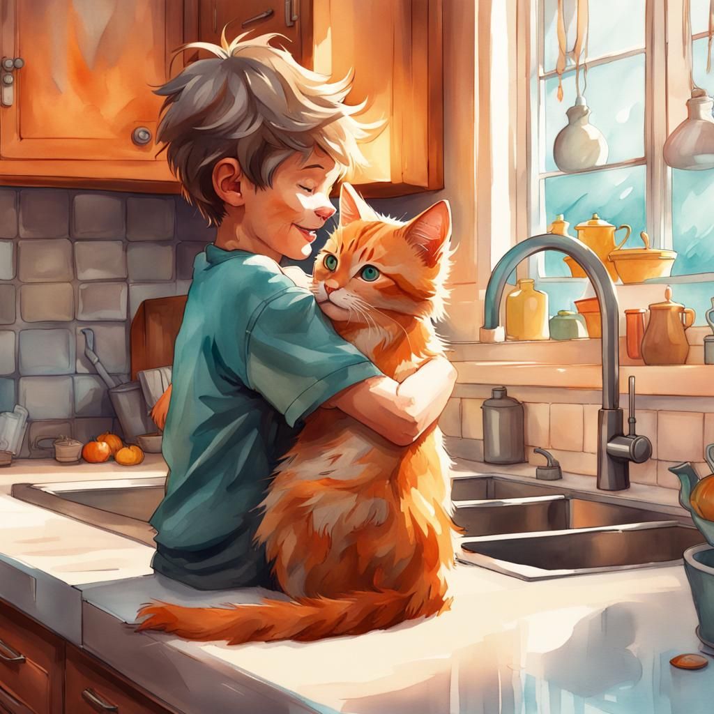Boy and Cat: Realistic Watercolor Concept Art