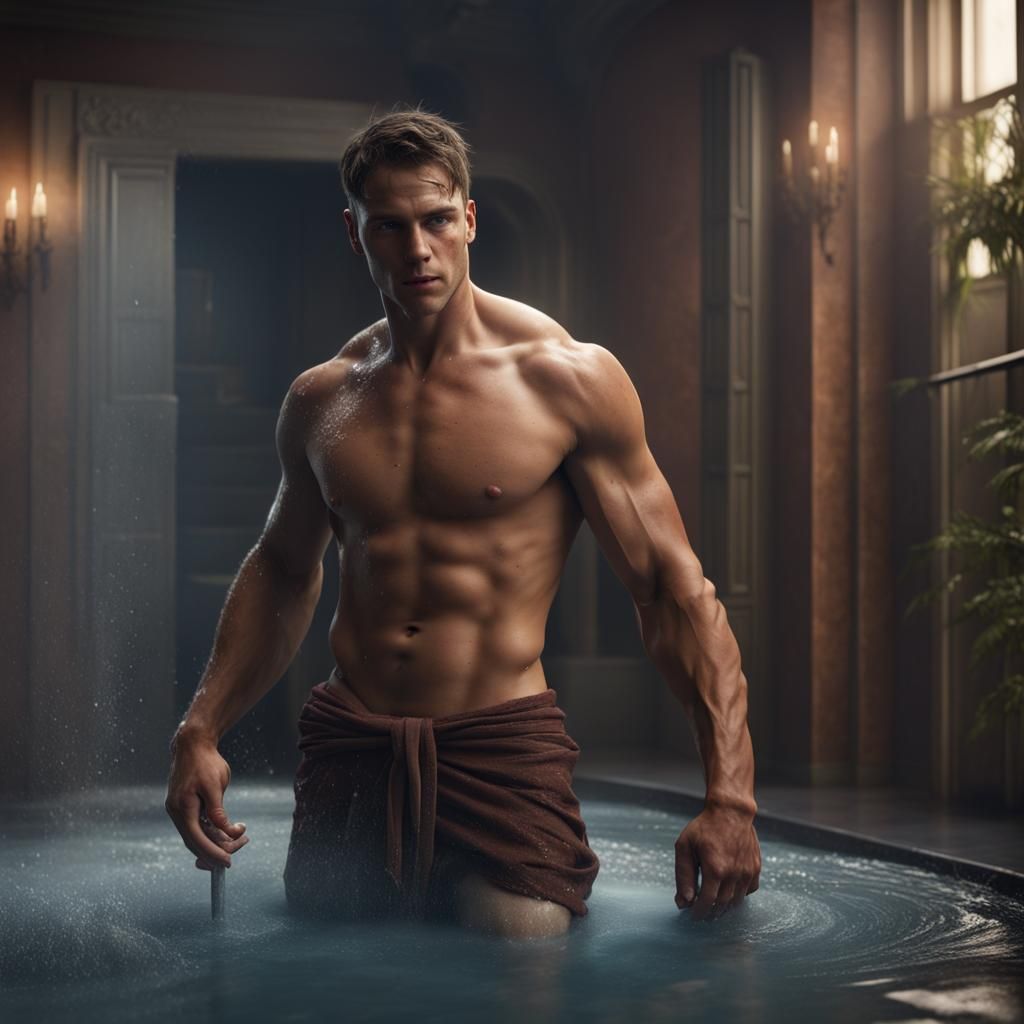 Muscular Man Emerging from Shower: Fantasy Concept Art
