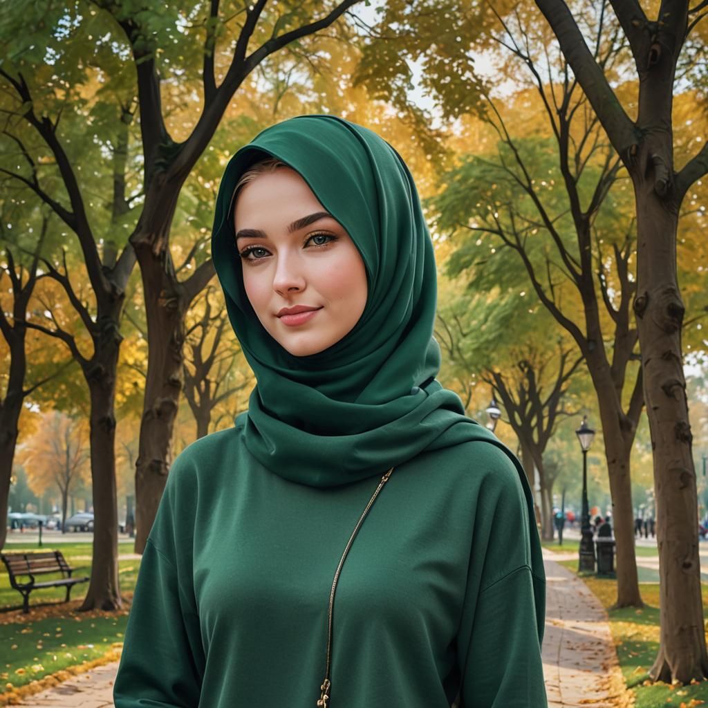 Girl in Emerald Hijab in Autumn Park, Fantasy Art