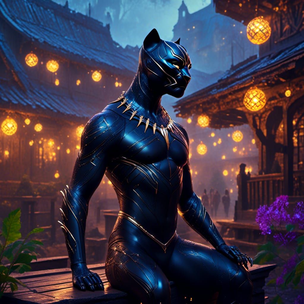 Mystical Black Panther with Pseudopods in Fantasy City