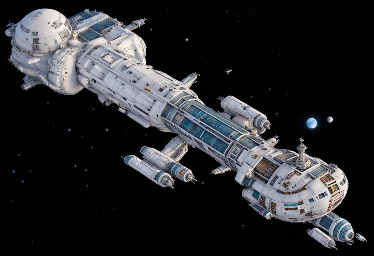 Star Freighter Over Earth-like Planet in Space
