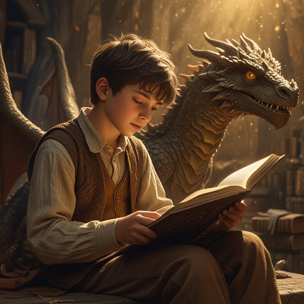 Boy Reading Enchanting Fantasy Tale