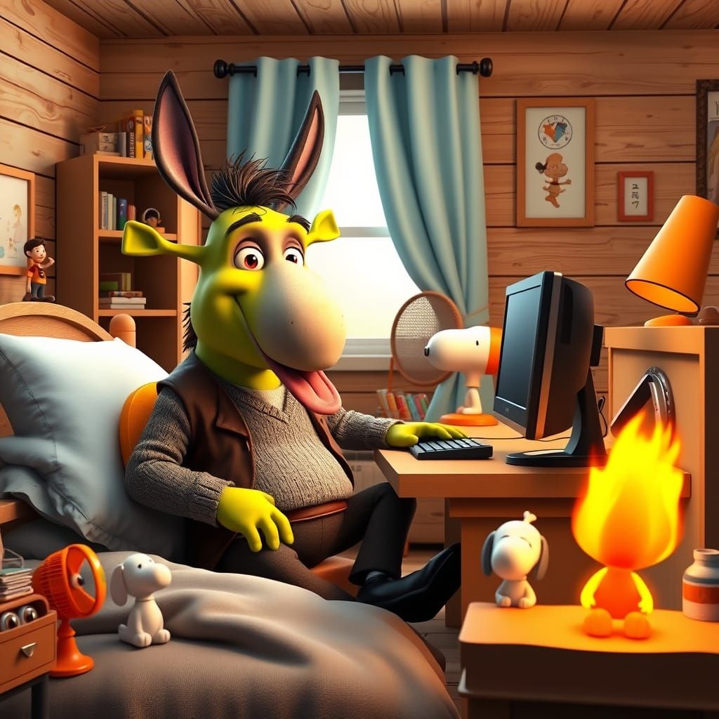 Donkey from Shrek in a Cozy Marketing Office