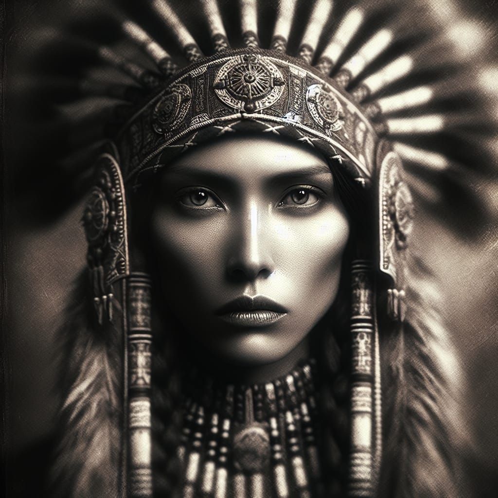 Mystical Cherokee Medicine Woman Portrait in Black and White