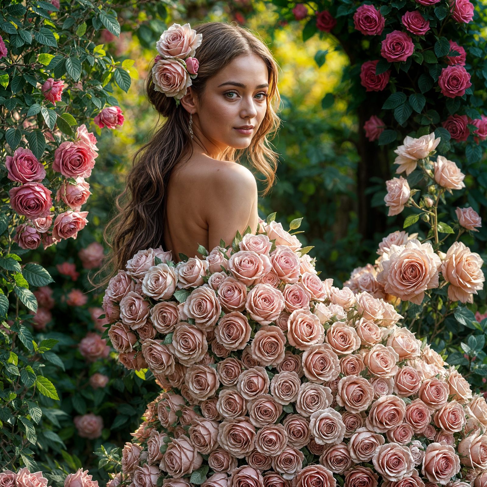 Woman in Intricate Rose Dress, Hyperrealistic Style