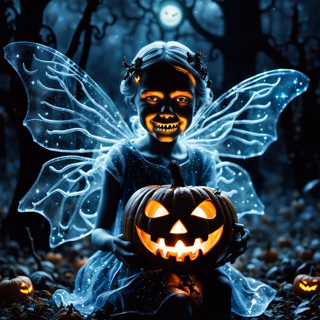 Glass Fairy with Pumpkin Head in Graveyard