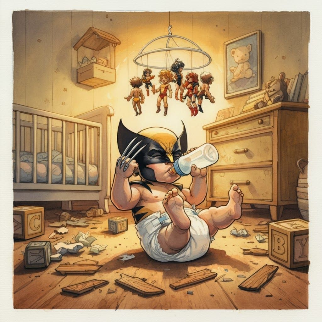 Baby Wolverine in Nursery, Watercolor Style