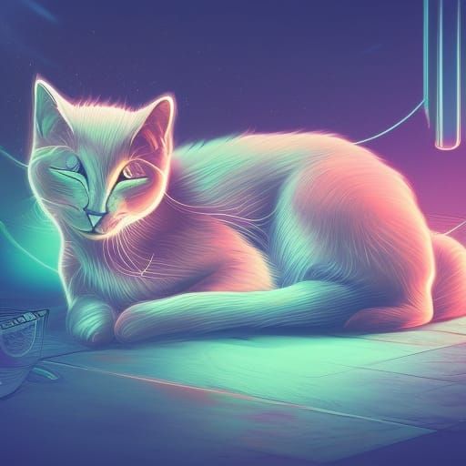 Vaporwave Sleeping Cat in Miami Cat Cafe