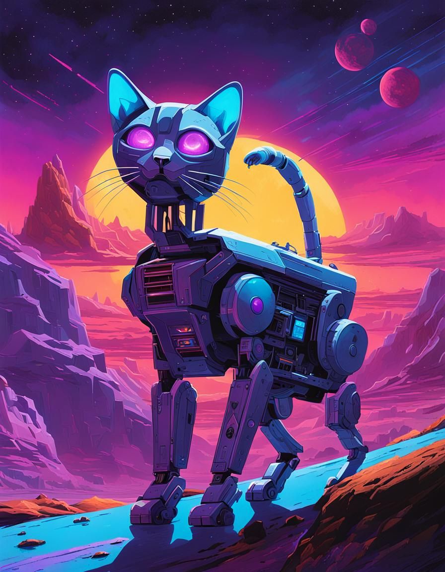 Robotic Cat on Alien Planet in Sci-Fi Art Style
