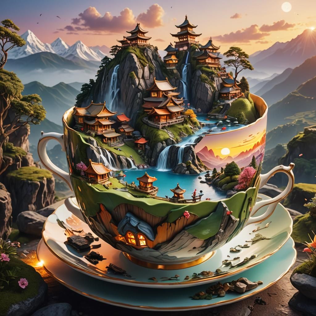 Magical 3D Teacup with Zen Village and Mountain