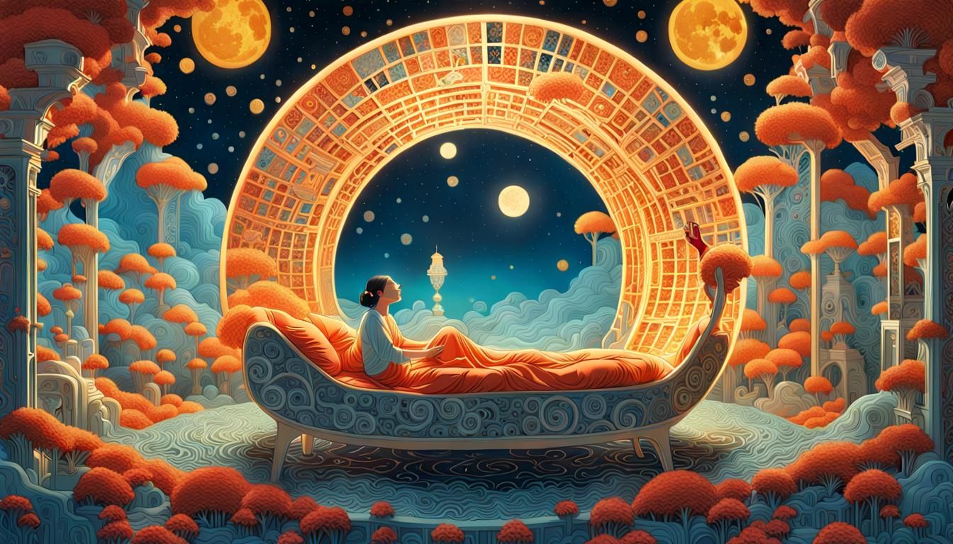 Woman in Surreal Sun and Moon Bed