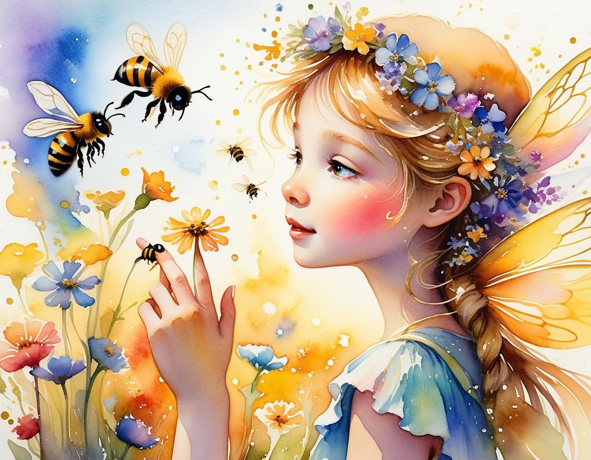 Fairy Painting a Flower in Watercolor Style