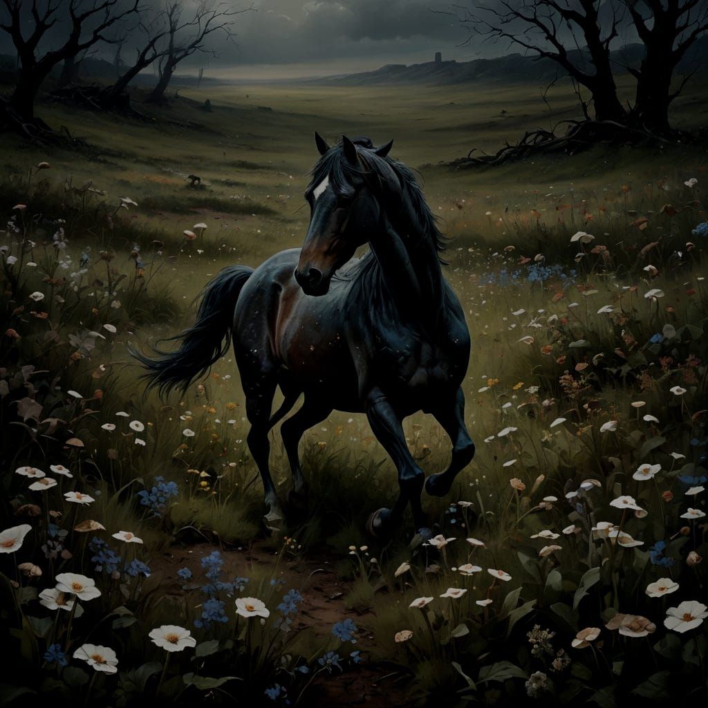Dead Horse Running Through Decaying Flower Field