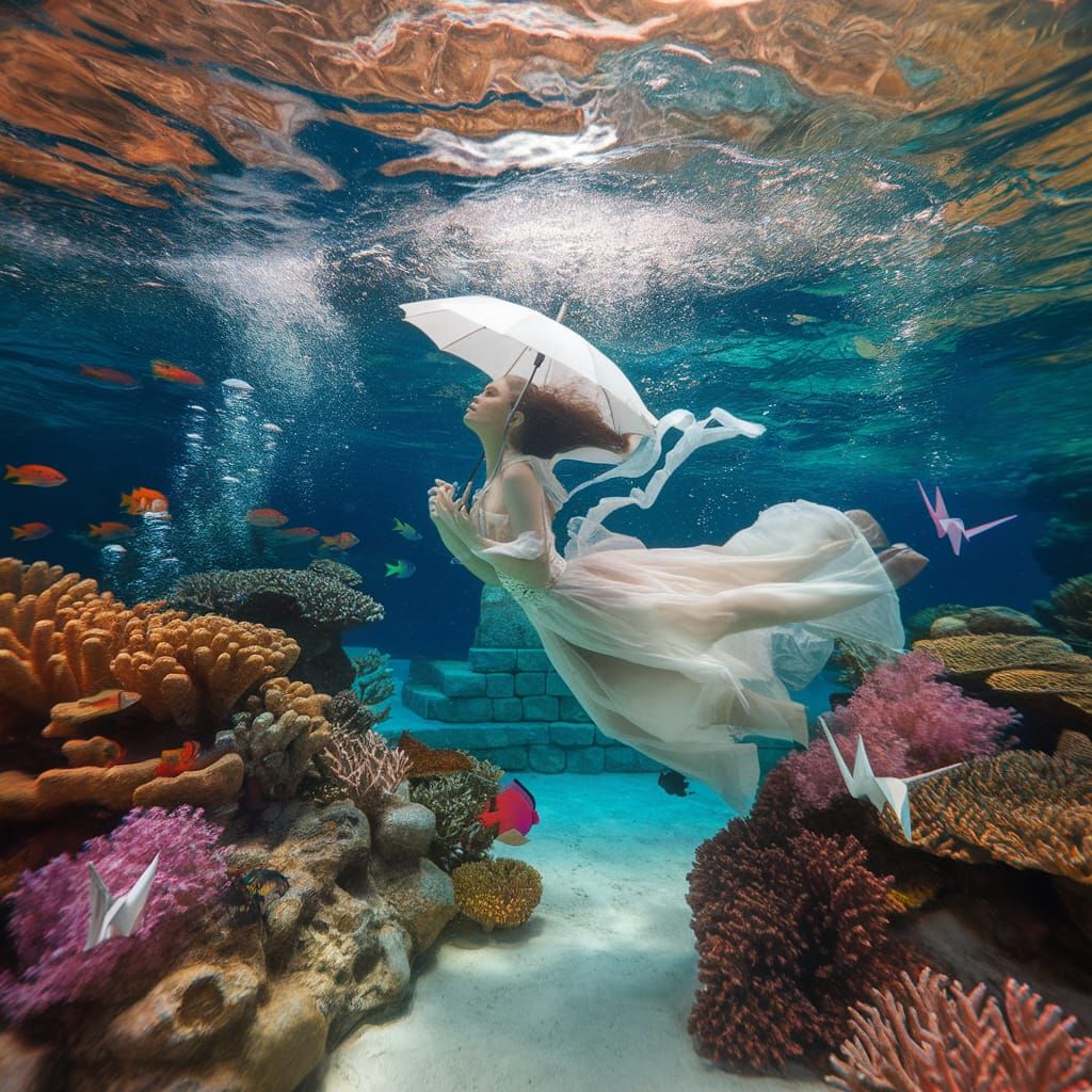 Surreal Underwater Scene with Mermaid and Vibrant Coral Reef...