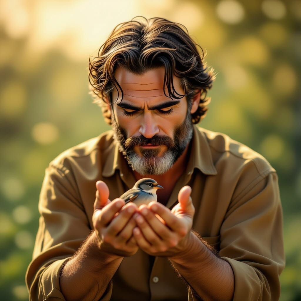 Joaquin Phoenix Cradles Injured Bird in Gentle Light