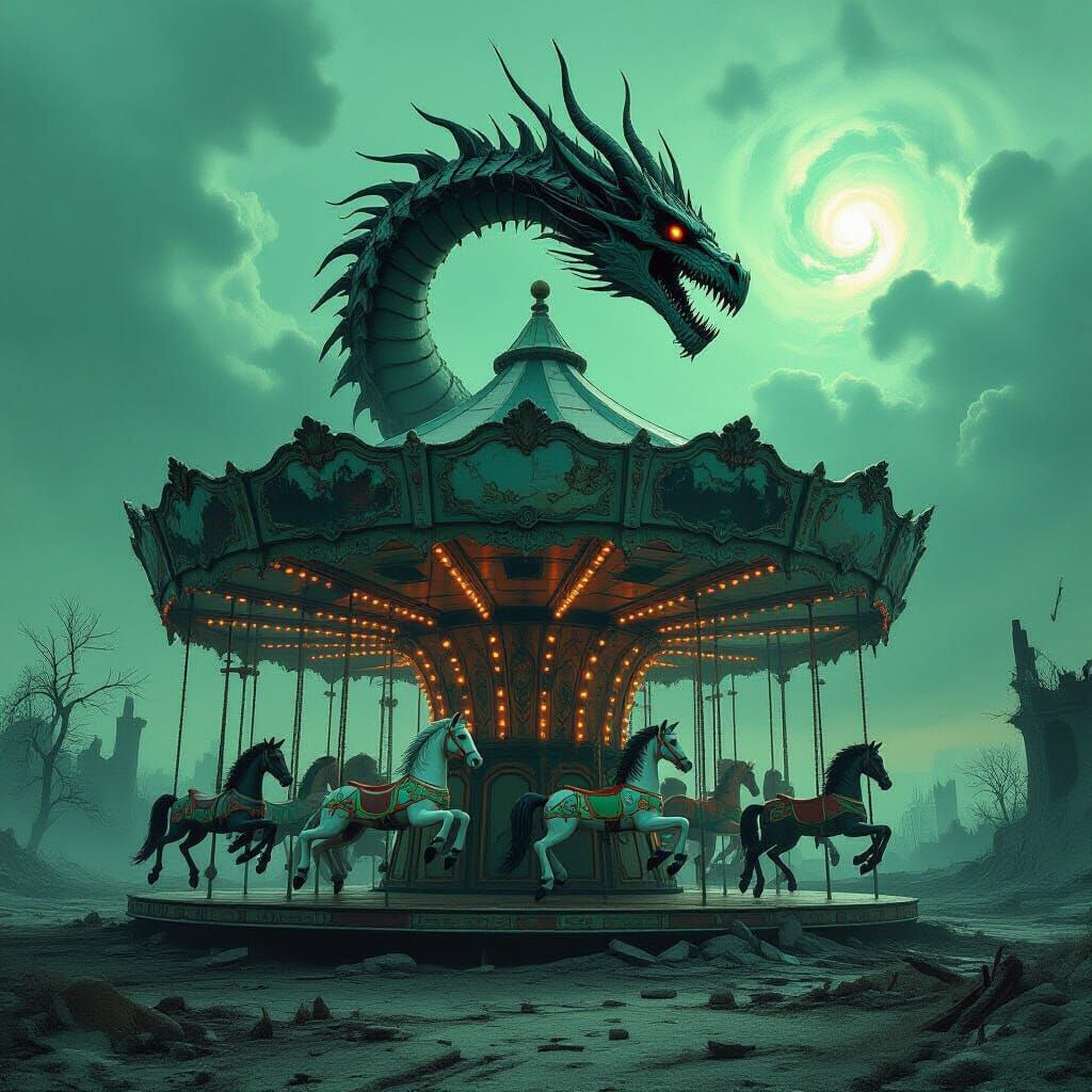 Skeletal Dragon Coiled Around Ruined Carousel in Post-Apocal...