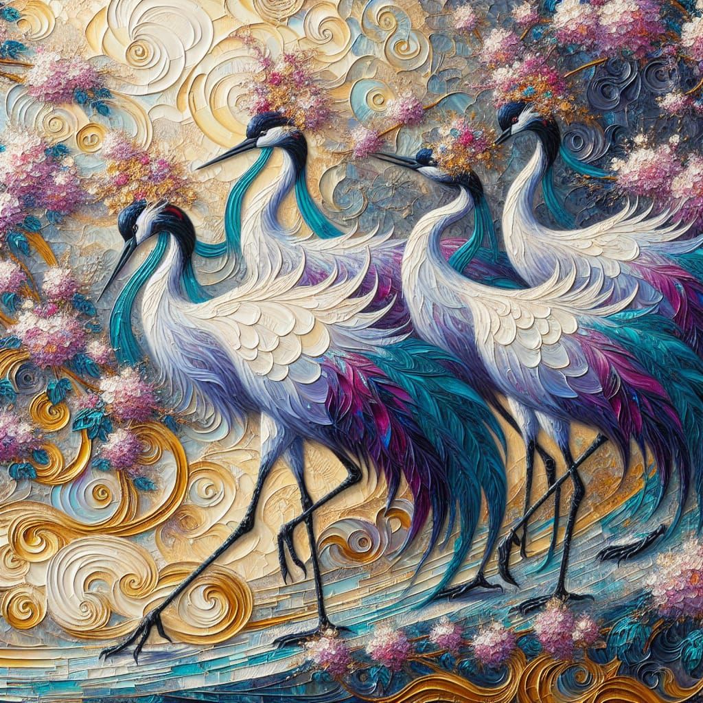 Impasto Cranes Amid Cherry Blossoms in Vibrant Colors