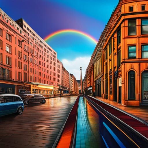 Rainbow on the Street, back lit HDR hyperdetailed photorealistic polished hyperrealism psychedelic art retro sci-fi