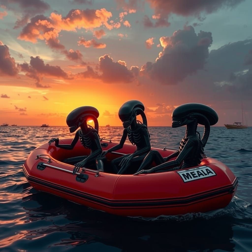 Xenomorphs in Lifeboat at Sunset: Hyperrealistic