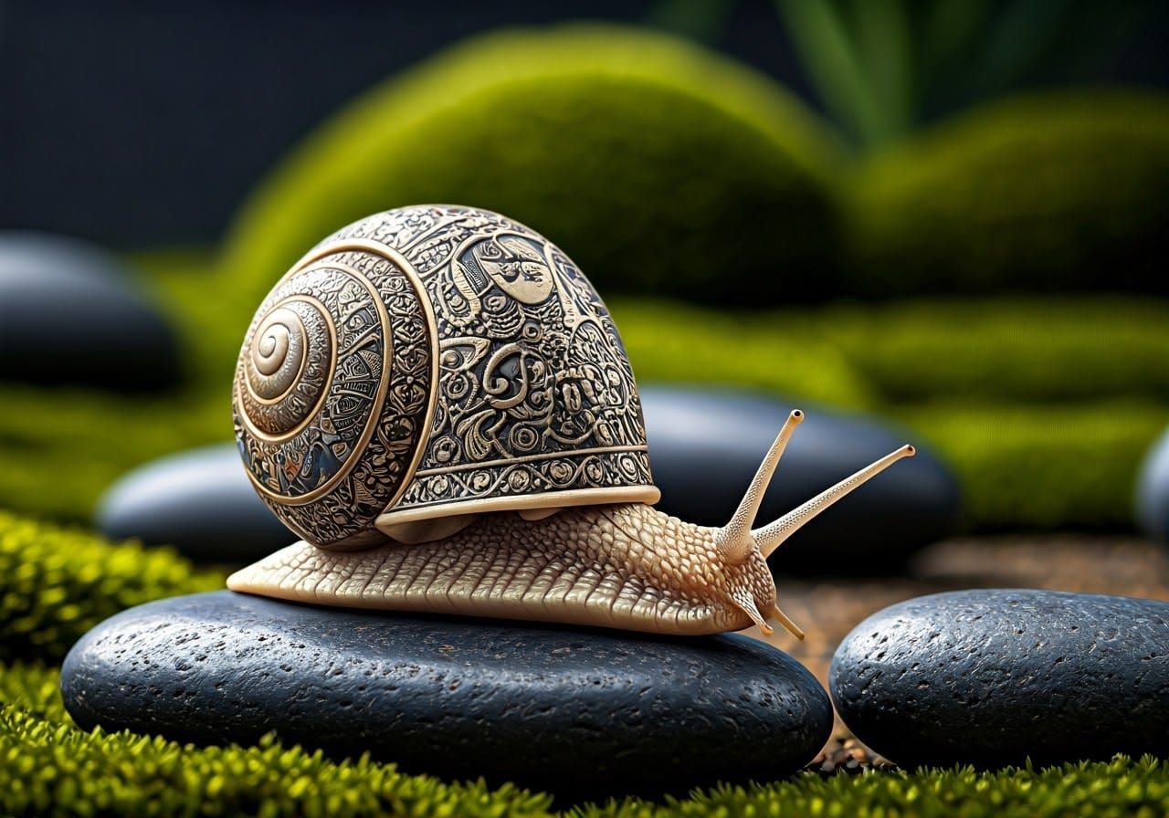 Surreal Art Deco Snail in Serene Zen Garden Setting