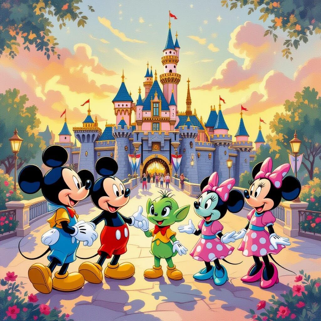 Friendly Aliens Explore Disneyland in Gouache Painting